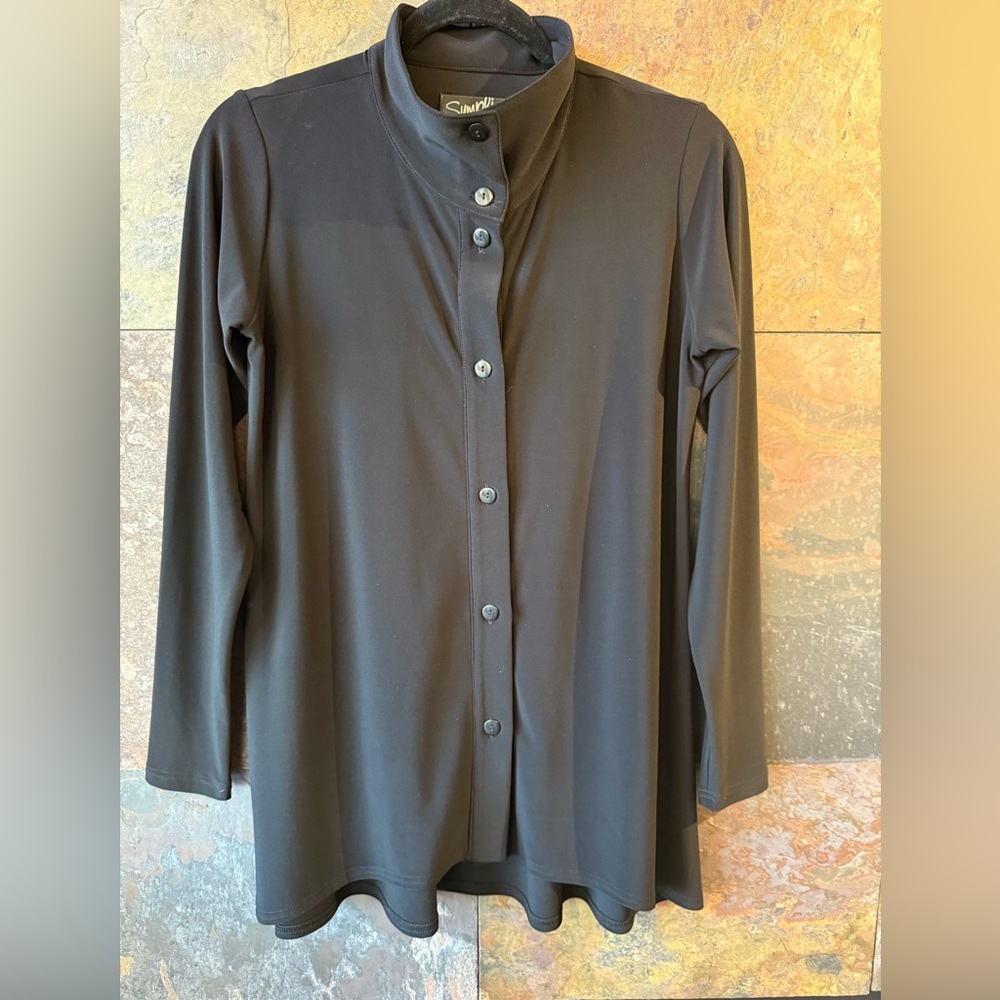 Sympli button up black turtle neck tunic/blouse. Slight hi/lo, unbuttons, sz 8